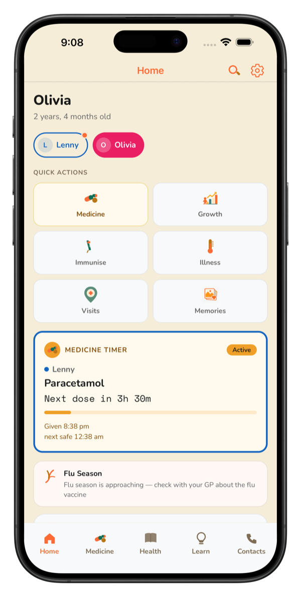Caru home screen with an active medicine timer