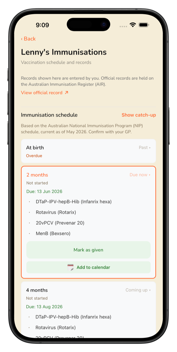 Caru immunisation schedule and records