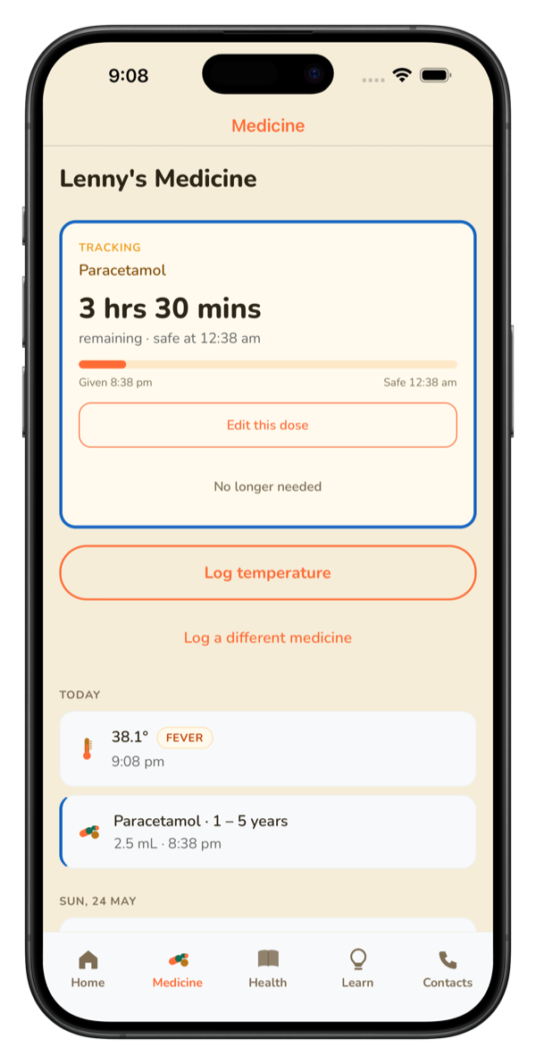 Caru medicine timer showing the next safe dose countdown